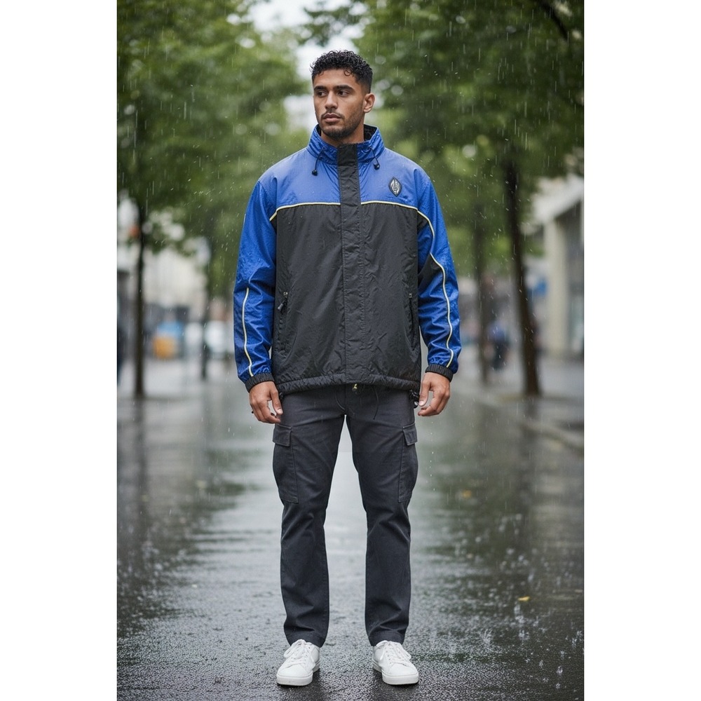 Lemond Mens Vintage Ripstop Windbreaker Jacket Blue Black Hooded Large